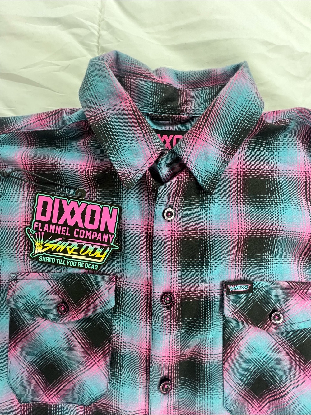 DIXXON Shreddy Pink & Teal Plaid Long Sleeve Flannel Shirt